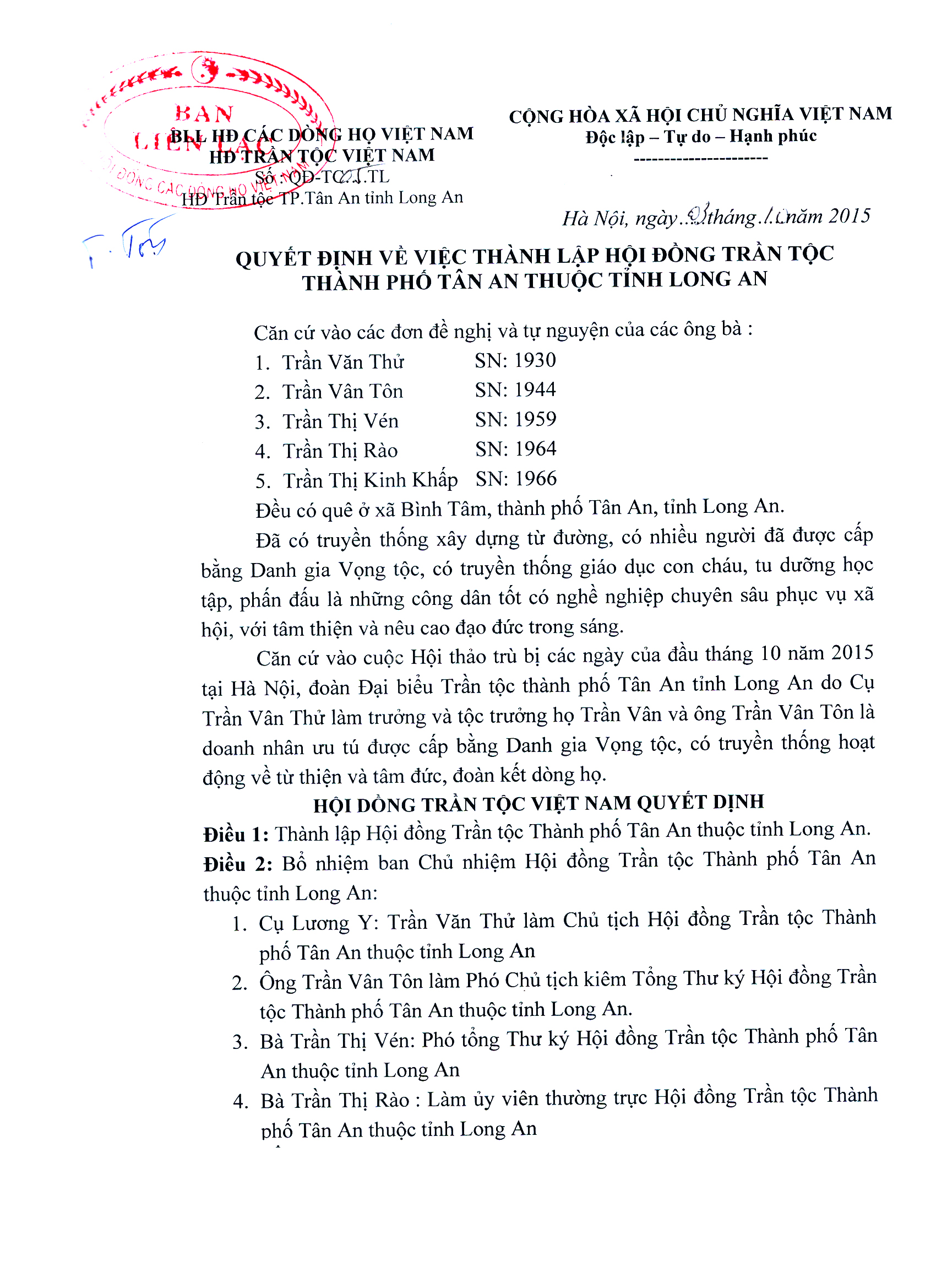 Quyết định của hội đồng Trần tộc Việt Nam